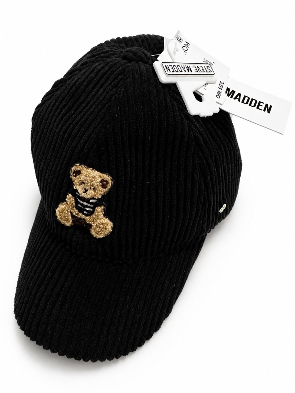 Steve Madden Black Corduroy Cap with Teddy Bear Patch adjustable strap